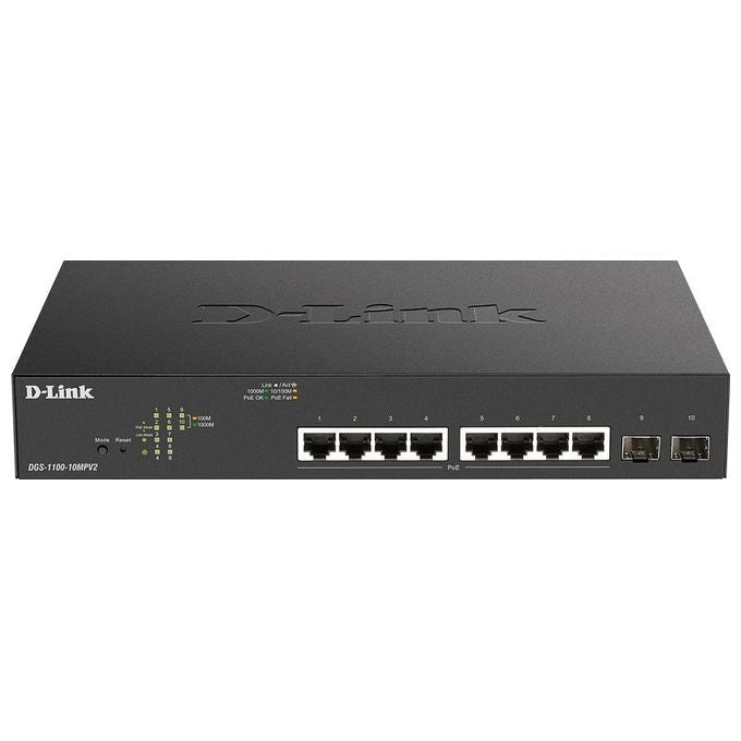 D-Link DGS-1100-10MPV2-E Switch Gestito Smart 8 Porte Gigabit PoE+ 130W 2 Porte SFP Fanless colore Nero