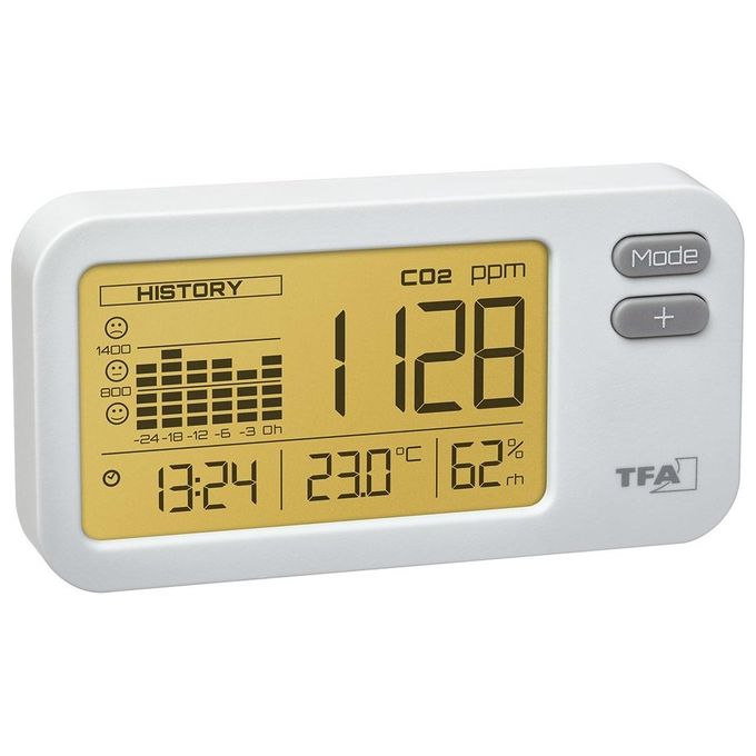 TFA-Dostmann 31.5009.02 AIRCO2NTROL COACH Misuratore di Anidride Carbonica CO2 con Display LCD Retroilluminato Temperatura Umidita' Orologio e Grafico 24 Ore colore Bianco