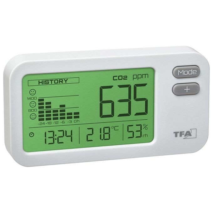 TFA-Dostmann 31.5009.02 AIRCO2NTROL COACH Misuratore di Anidride Carbonica CO2 con Display LCD Retroilluminato Temperatura Umidita' Orologio e Grafico 24 Ore colore Bianco