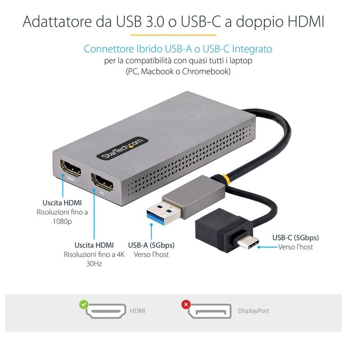 StarTech.com 107B-USB-HDMI Adattatore USB 3.0 a Doppio HDMI Risoluzione 4K30Hz e 1080p Cavo Integrato 11cm USB-A e USB-C colore Grigio