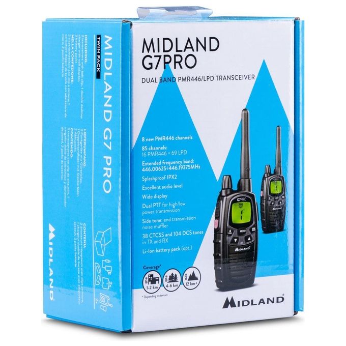 Midland C1090.13 G7 Pro Ricetrasmittente Walkie Talkie Coppia PMR446 69 Canali 500 W VOX Display LCD colore Nero