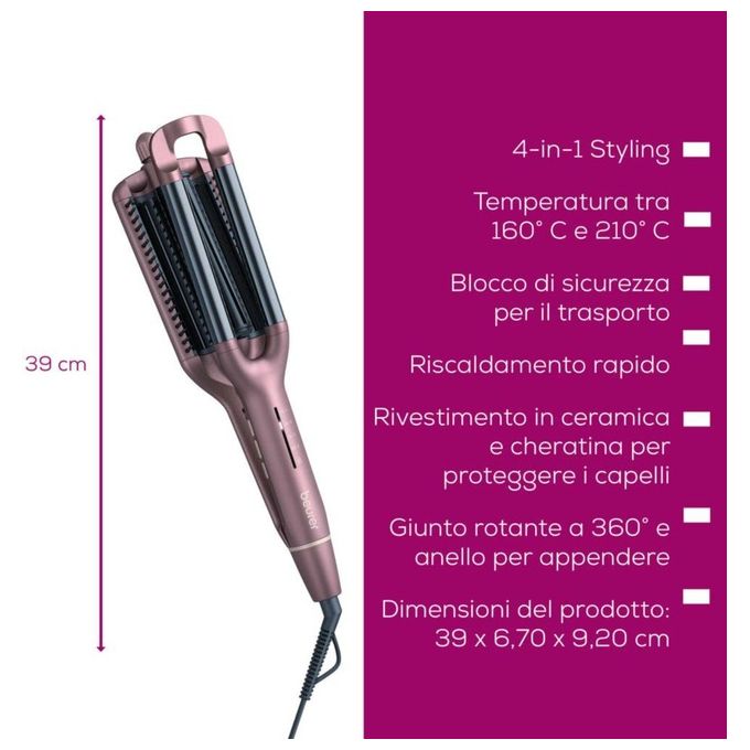 Beurer HT 65 – Arricciacapelli 4 in 1 per Onde, 120 W, 160-210 °C, Ceramica e Cheratina, Spegnimento Automatico, colore Lilla