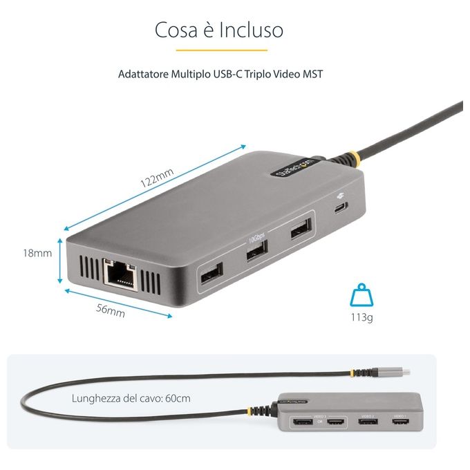 StarTech 117B-USBC-MULTIPORT Docking Station USB-C Multiporta 2x 4K 60Hz HDMI DisplayPort Hub USB 3 Porte 10Gbps GbE PD 100W