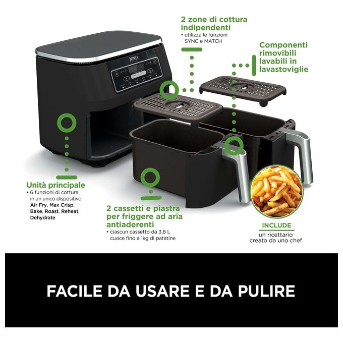 Ninja AF300EU Friggitrice ad aria 7,6 L 2470 W Dual Zone 6 programmi Display digitale colore Nero