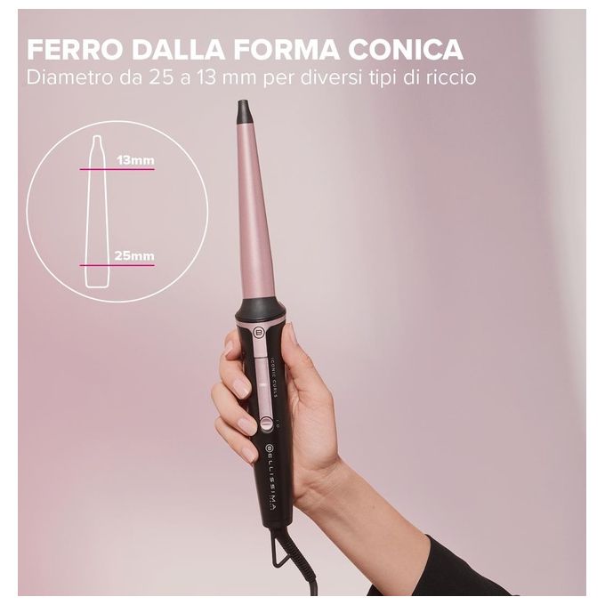Bellissima 11949 Iconic Curls Arricciacapelli Conico Ceramica 25-13 mm 150°C 210°C 40 W Guanto Termico colore Nero