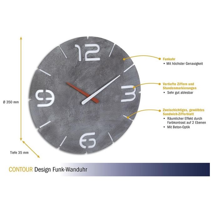 TFA Dostmann Orologio da Parete Analogico Contour Effetto Cemento-Bianco