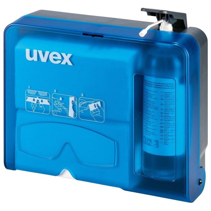 Uvex 9970005 Stazione di Pulizia Occhiali Protettivi con Fluido Carta Pulente e Pompa Montaggio a Parete colore Blu