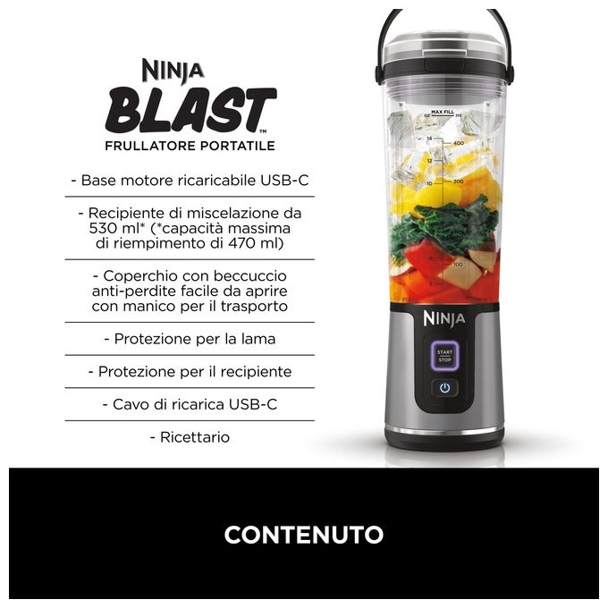 Ninja BC151EUNV Blast Frullatore Portatile Senza Fili 530 ml USB-C Trita Ghiaccio colore Blu Denim