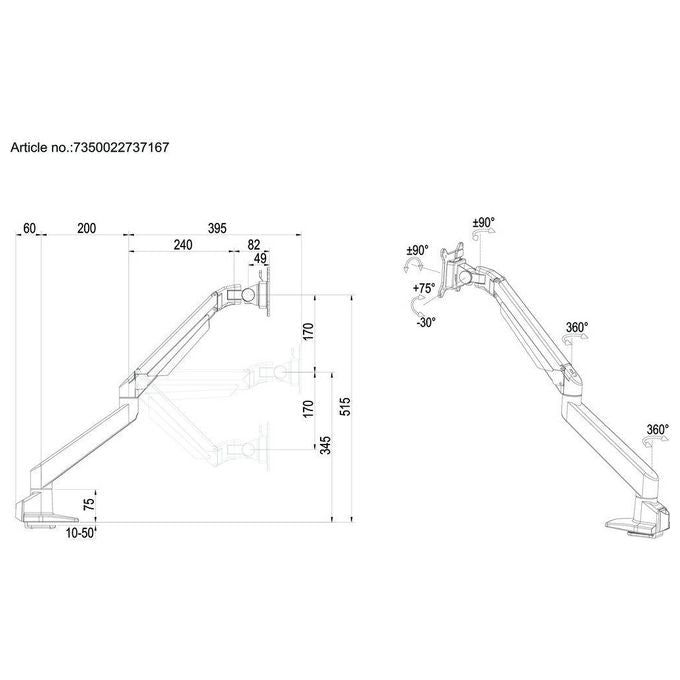 Multibrackets 737167 M VESA Gas Lift Arm Singolo Braccio Monitor fino a 32'' morsetto da tavolo portata 10 Kg VESA 75x75 100x100 colore Argento