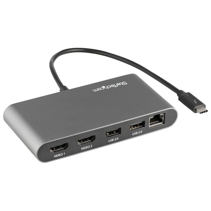 StarTech TB3DKM2HDL Mini Dock Thunderbolt 3 Docking Station con 2 HDMI 4K 60Hz 2 USB-A Gigabit Ethernet Cavo 28 cm colore Grigio