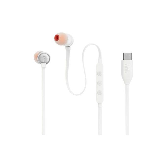 JBL Tune 310 C Auricolari In-Ear ad Alta Risoluzione Audio con Cavo Piatto Antigroviglio Comando a 3 Tasti Bassi Profondi JBL Pure Bass Bianco