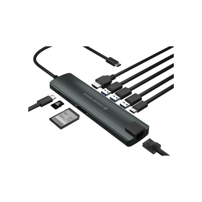 Conceptronic DONN06G Hub USB-C 9 in 1 USB 3.2 Gen 1 HDMI 4K Ethernet RJ-45 PD 60W Lettore SD colore Nero Argento