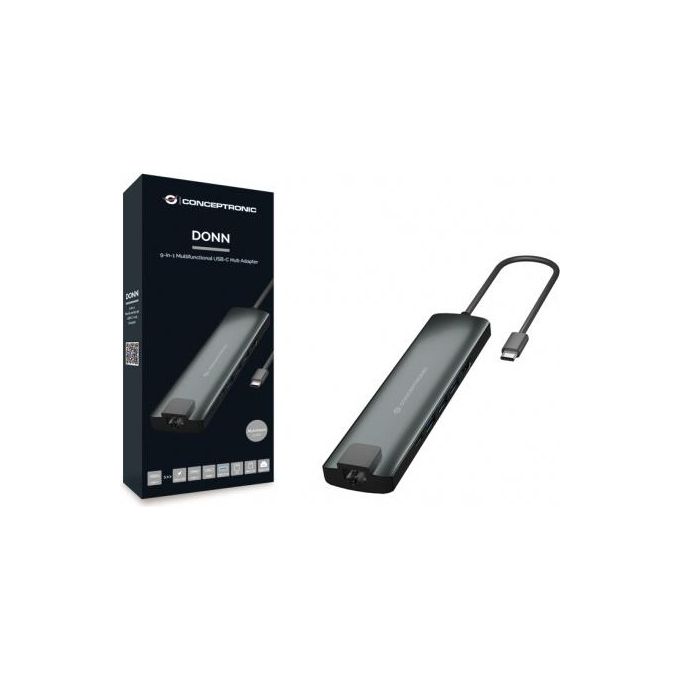 Conceptronic DONN06G Hub USB-C 9 in 1 USB 3.2 Gen 1 HDMI 4K Ethernet RJ-45 PD 60W Lettore SD colore Nero Argento