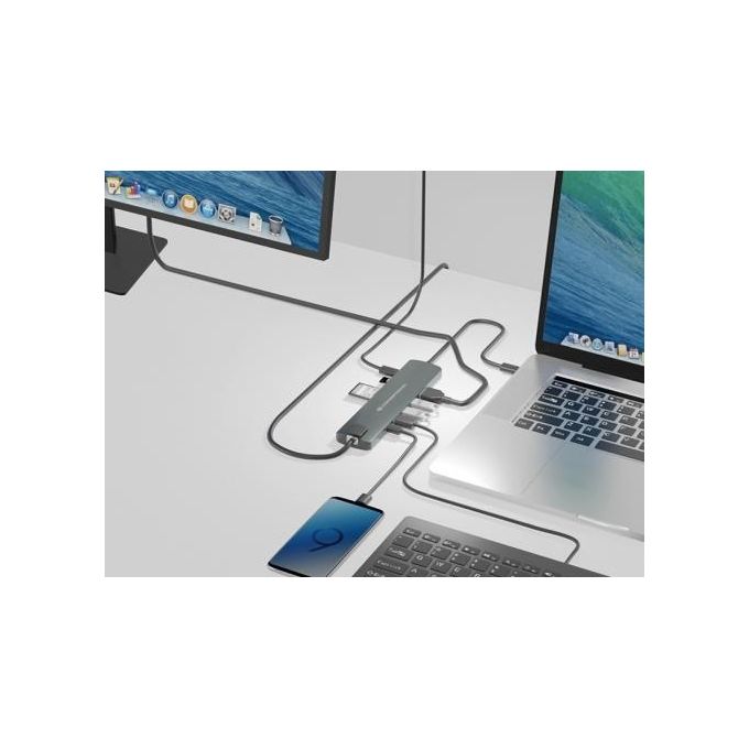 Conceptronic DONN06G Hub USB-C 9 in 1 USB 3.2 Gen 1 HDMI 4K Ethernet RJ-45 PD 60W Lettore SD colore Nero Argento