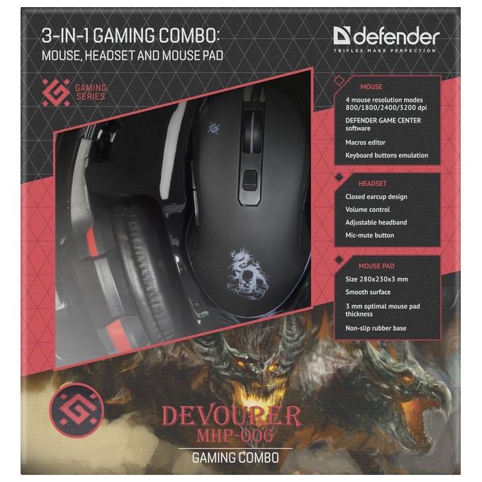 Defender Devourer Mhp-006 Gaming Set di Cuffie da Gioco Mouse e Tappetino per il Mouse