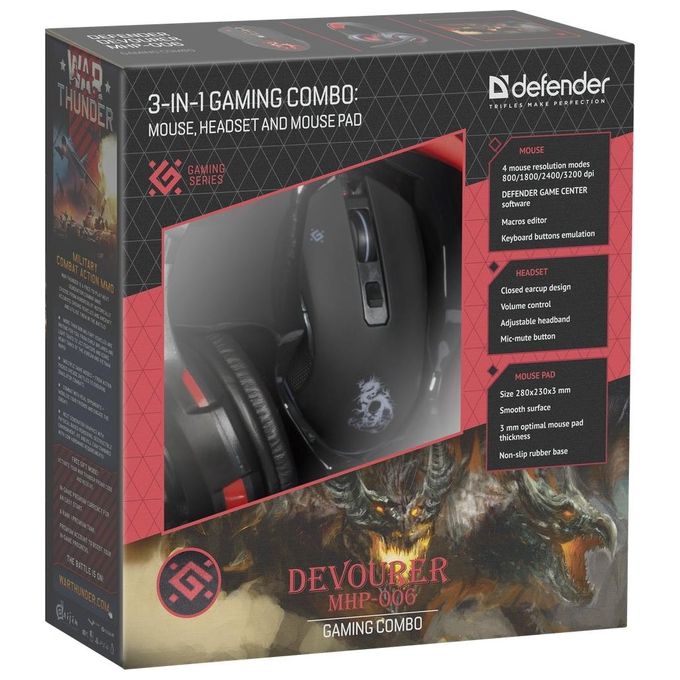 Defender Devourer Mhp-006 Gaming Set di Cuffie da Gioco Mouse e Tappetino per il Mouse