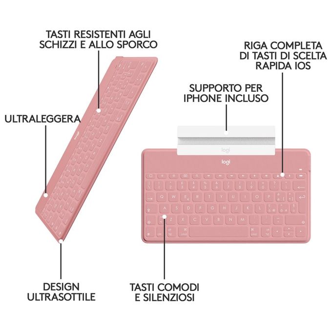 Logitech 920-010041 Keys-To-Go Tastiera Bluetooth QWERTY Italiano per iPhone iPad Apple TV colore Rosa