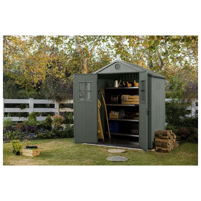 Keter 256879 Casetta da Giardino in Resina EVOTECH+ con Finestre Frontali e Pavimento Incluso colore Verde