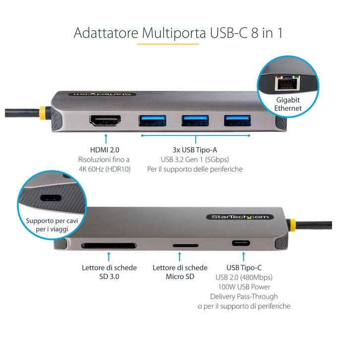 StarTech 115B-USBC-MULTIPORT Hub USB-C 8in1 HDMI 4K 60Hz 3x USB-A 5Gbps GbE SD MicroSD PD 100W cavo 30cm colore Grigio