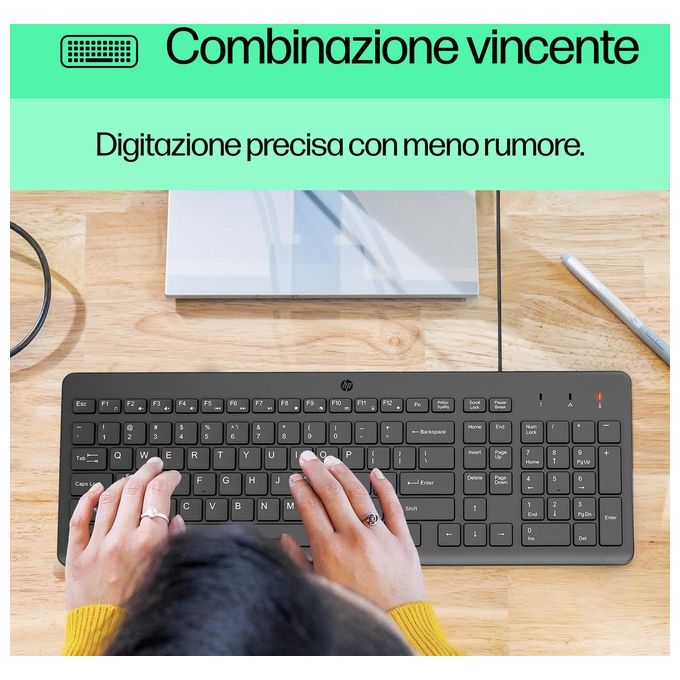 HP 240J7AA 150 Kit Tastiera e Mouse Wired USB Full-size Sensore Ottico 1600 DPI Plug and Play colore Nero