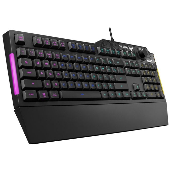 ASUS TUF Gaming K1 Tastiera Gaming USB, Membrana, RGB a 5 Zone, Rollover a 19 Tasti, Manopola Volume, Resistente ai Liquidi, Barra Luminosa Laterale, Macro Programmabili, Layout Italia, Nero
