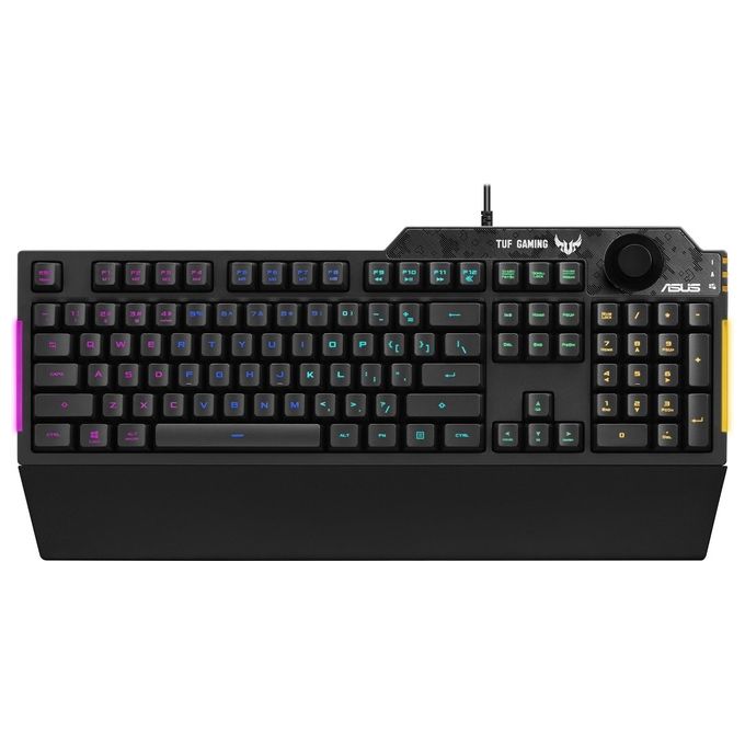 ASUS TUF Gaming K1 Tastiera Gaming USB, Membrana, RGB a 5 Zone, Rollover a 19 Tasti, Manopola Volume, Resistente ai Liquidi, Barra Luminosa Laterale, Macro Programmabili, Layout Italia, Nero