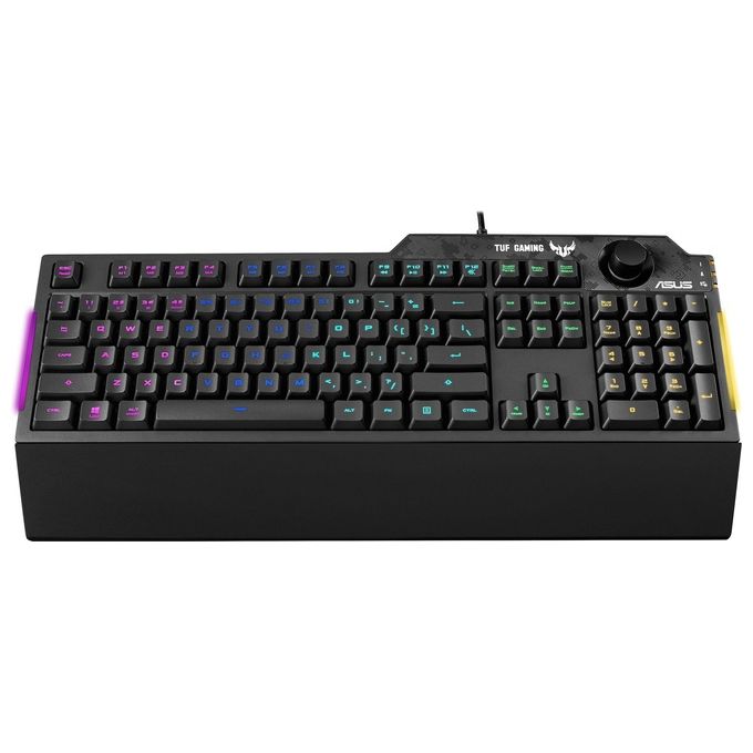 ASUS TUF Gaming K1 Tastiera Gaming USB, Membrana, RGB a 5 Zone, Rollover a 19 Tasti, Manopola Volume, Resistente ai Liquidi, Barra Luminosa Laterale, Macro Programmabili, Layout Italia, Nero