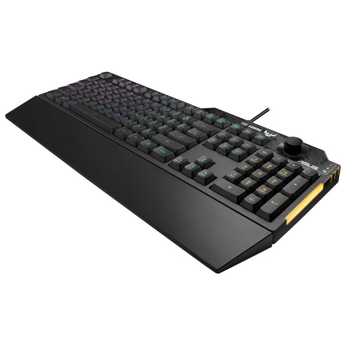 ASUS TUF Gaming K1 Tastiera Gaming USB, Membrana, RGB a 5 Zone, Rollover a 19 Tasti, Manopola Volume, Resistente ai Liquidi, Barra Luminosa Laterale, Macro Programmabili, Layout Italia, Nero