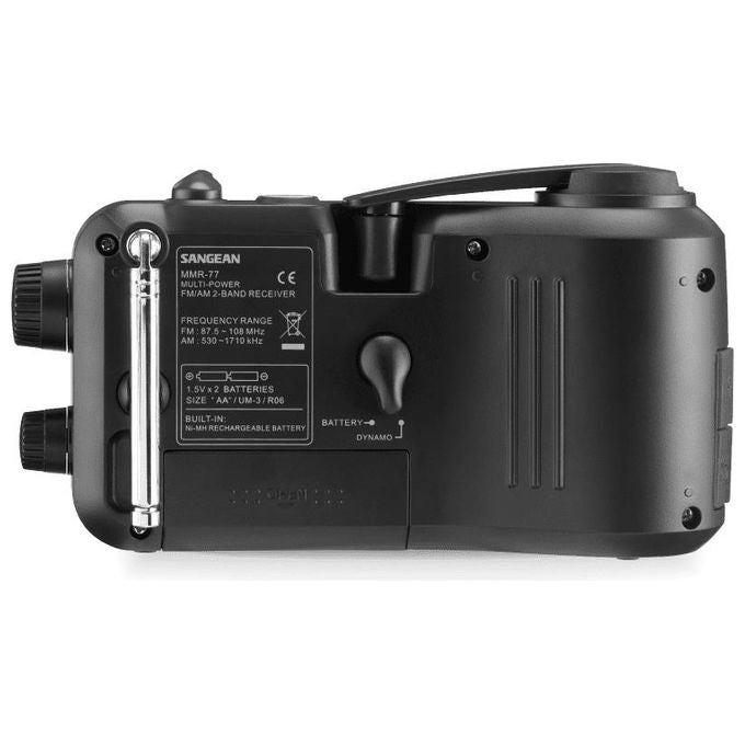Sangean MMR-77-MB MMR-77 Radio Portatile Analogica FM AM con Manovella Dinamo Torcia Integrata Ricaricabile Antispruzzo Alimentazione Batteria Rete colore Nero