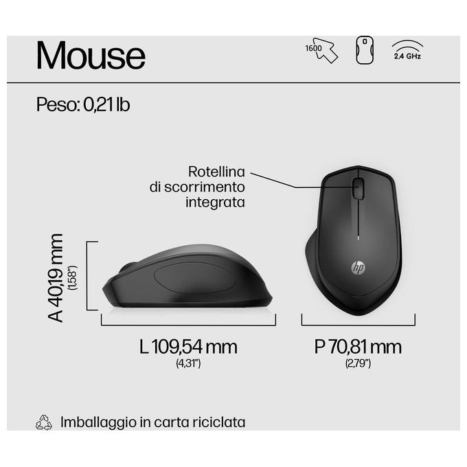 HP 19U64AA 280 Silent Mouse Wireless Ottico RF 2.4 GHz 3 Tasti Autonomia 18 Mesi colore Nero