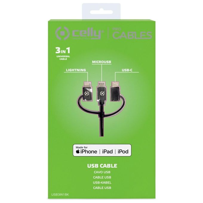 Celly Cavo Universale 3 in 1 con Connettore Principale Micro Usb Adattatore Lightning (MFI) e Tipo-C