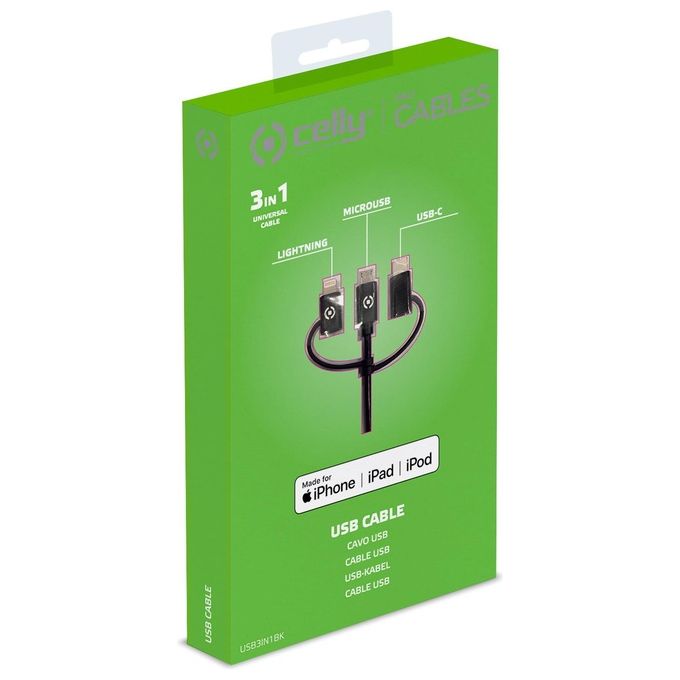 Celly Cavo Universale 3 in 1 con Connettore Principale Micro Usb Adattatore Lightning (MFI) e Tipo-C