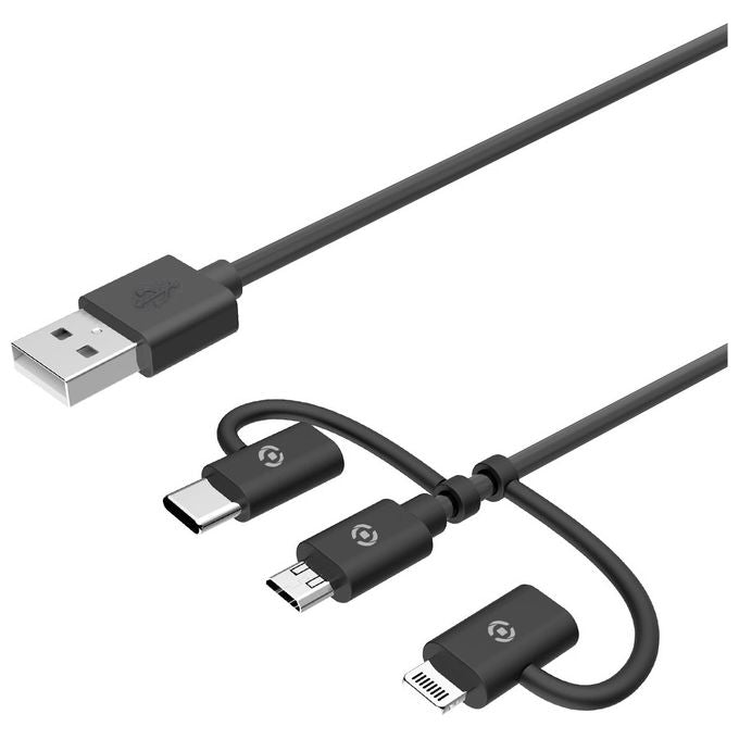 Celly Cavo Universale 3 in 1 con Connettore Principale Micro Usb Adattatore Lightning (MFI) e Tipo-C