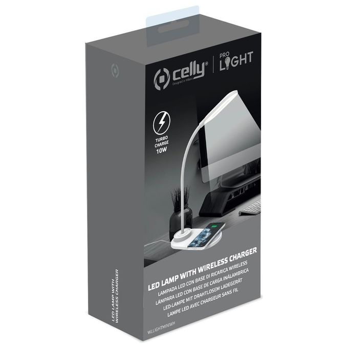 Celly WLLIGHTMINI Lampada LED da Tavolo con Caricatore Wireless 10W Braccio Regolabile colore Bianco