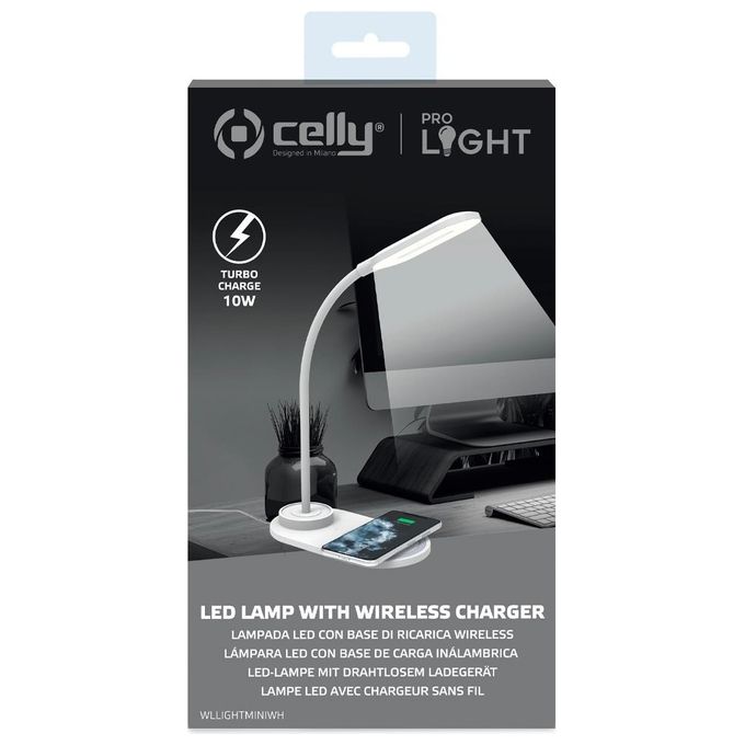 Celly WLLIGHTMINI Lampada LED da Tavolo con Caricatore Wireless 10W Braccio Regolabile colore Bianco