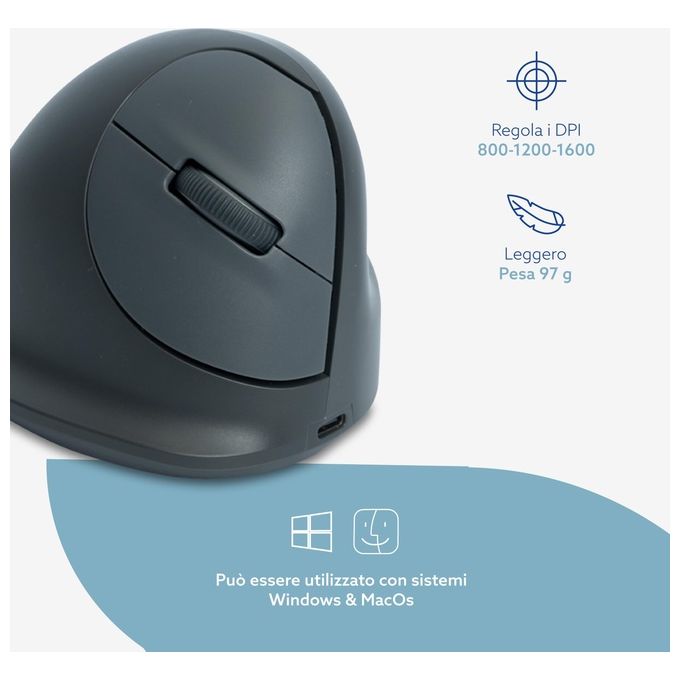R Go Tools RGOHEBAMRWL R-Go HE Basic Mouse Ergonomico Senza Fili Bluetooth 5.0 Ricaricabile 1600 DPI Design Verticale per Destrimani colore Grigio