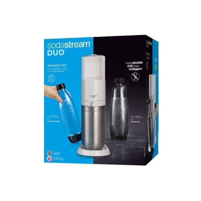 SodaStream 1016812490 DUO Gasatore d'Acqua 2 Bottiglie 1L Vetro e PET Cilindro CO2 60L Quick Connect colore Bianco