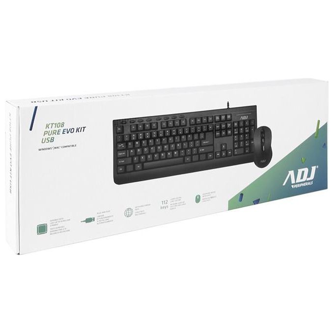 Adj KIT_ Desktop KT108 Pure Evo Tastiera e Mouse con Filo 6D Ergonomico Nero