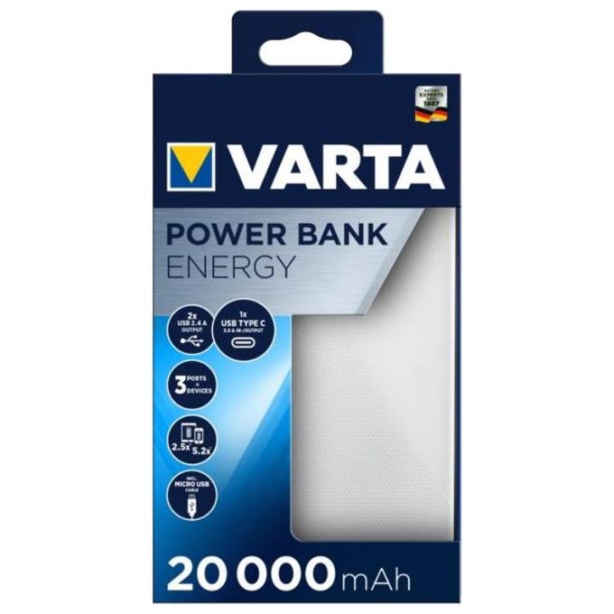 Varta 57978 101 111 Energy Powerbank 20000 mAh Tecnologia LiPo 3 Uscite USB (USB-A, USB-C, Micro-USB) colore Nero Bianco