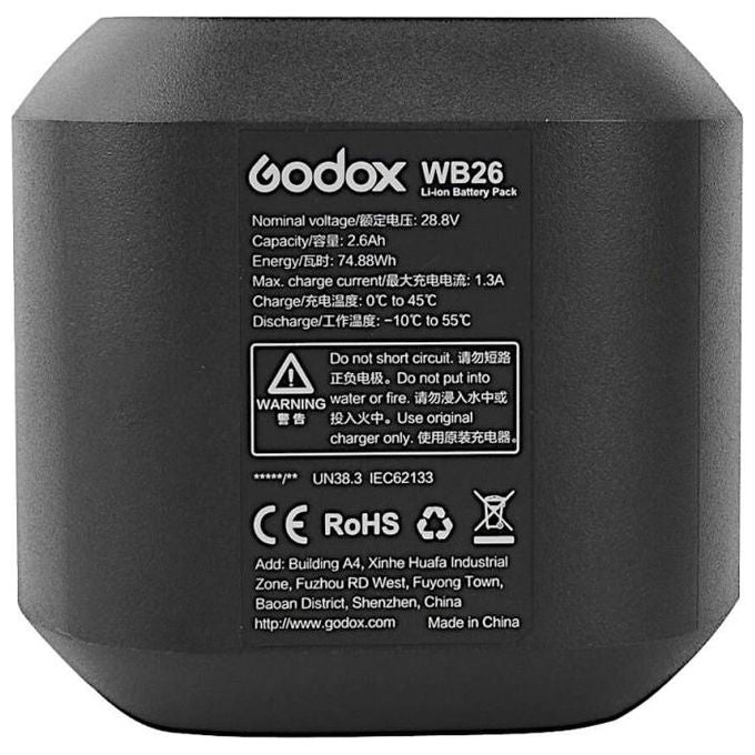 Godox WB26 Batteria Ricaricabile per Flash AD600Pro 28,8V 2600mAh circa 360 lampi a piena potenza tempo di riciclo 0,01-0,9 secondi colore Nero