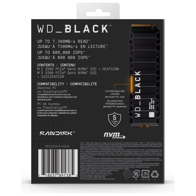 Western Digital WDS100T2XHE WD Black SN850X SSD M.2 NVMe PCIe 4.0 1 TB 7300 MB-s lettura 6300 MB-s scrittura