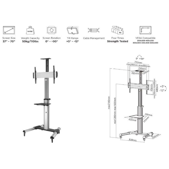 Equip 650602 Carrello LFD a rotazione a 90° con display singolo da 37-70'' Inclinazione -12 - 5° Altezza regolabile Rotelle bloccabili Gestione cavi colore Nero