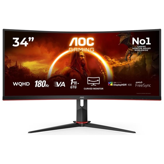 AOC CU34G2XP Gaming Monitor Curvo 34'' WQHD 3440x1440 180 Hz 1 ms VA HDR400 FreeSync Premium Hub USB colore Nero Rosso