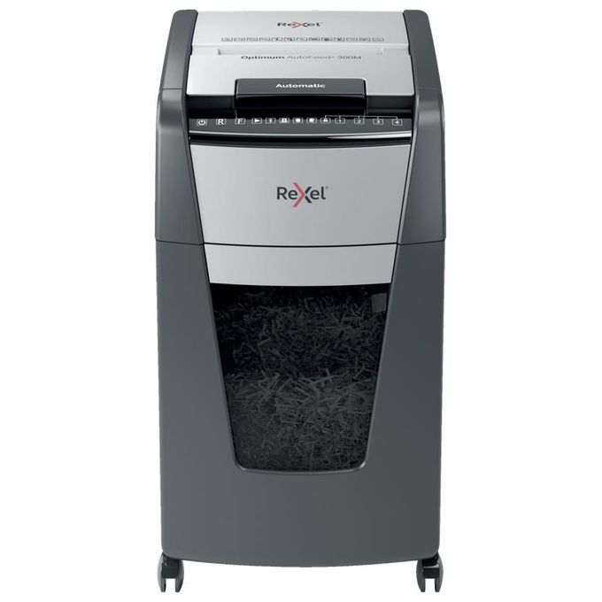 Rexel 2020300MEU Optimum Auto Feed+ Distruggidocumenti Automatico Taglio Micro 2x15 mm P-5 Capacita' 300 Fogli Cestino 60 L con Ruote colore Nero