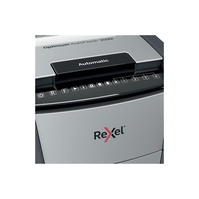 Rexel 2020300MEU Optimum Auto Feed+ Distruggidocumenti Automatico Taglio Micro 2x15 mm P-5 Capacita' 300 Fogli Cestino 60 L con Ruote colore Nero