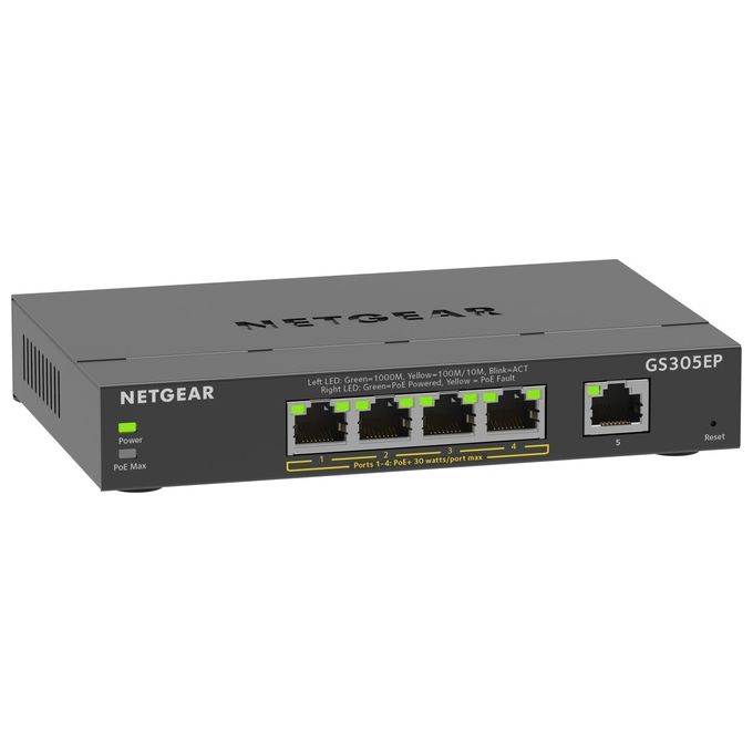 NETGEAR GS305EP-100PES Switch Gestito Gigabit Ethernet 5 Porte 4 Porte PoE+ Budget 63W Supporto VLAN QoS Mirroring Porte colore Nero