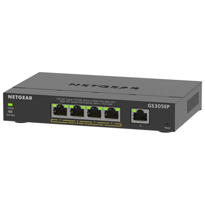 NETGEAR GS305EP-100PES Switch Gestito Gigabit Ethernet 5 Porte 4 Porte PoE+ Budget 63W Supporto VLAN QoS Mirroring Porte colore Nero