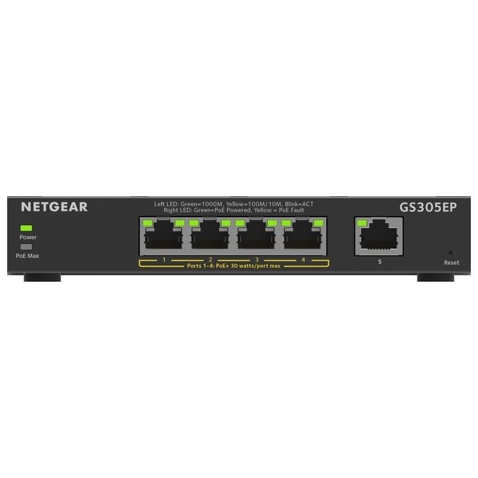 NETGEAR GS305EP-100PES Switch Gestito Gigabit Ethernet 5 Porte 4 Porte PoE+ Budget 63W Supporto VLAN QoS Mirroring Porte colore Nero