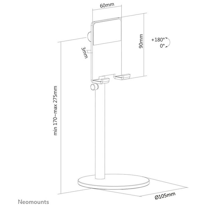 Neomounts DS10-200SL1 Supporto per Telefono regolabile in altezza da 17 a 27 5 cm inclinazione 180° rotazione 360° colore Argento