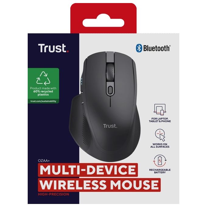 Trust 24820 Ozaa+ Mouse Wireless Multi-Dispositivo 6 Pulsanti Silenzioso 2 Rotelle Scorrimento Bluetooth 2.4GHz USB Type-C 60% Plastica Riciclata colore Nero